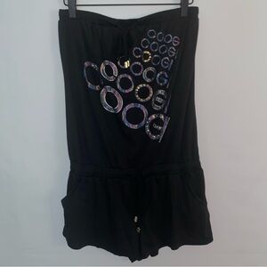 COOGI Women's Romper Coverup Strapless Studded Metallic Logo Black M 90s Retro